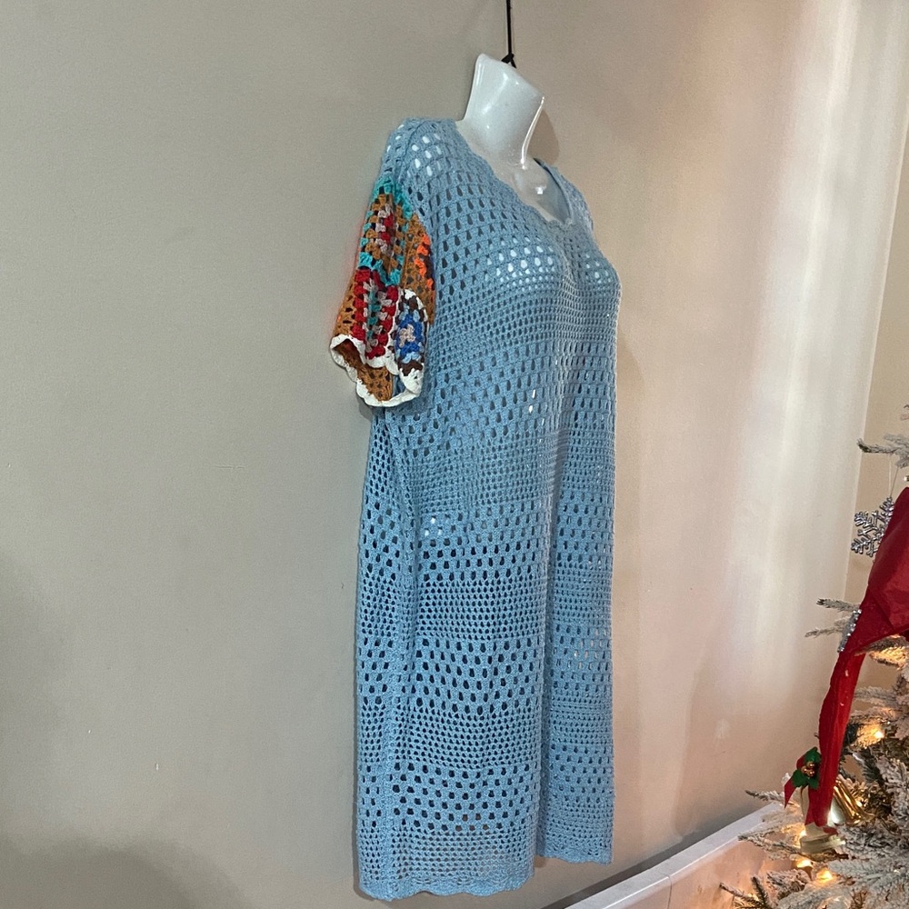 Blue Crochet Dress with Multicolor Sleeves